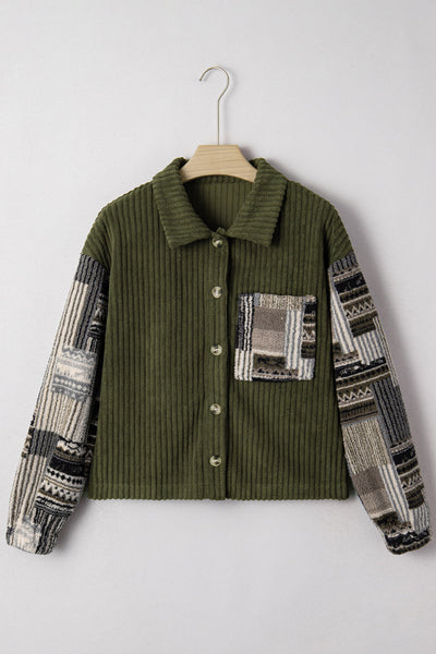 Women's Cozy Jungle Green Ribbed Fleece Plaid Jacket - Effortless Layering with Stylish Patchwork Design