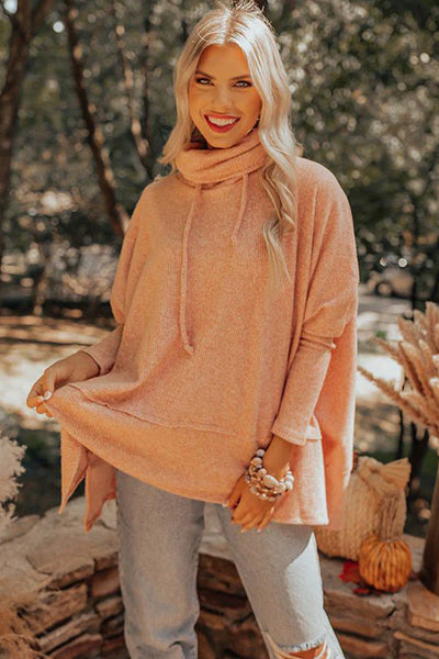 Stylish Apricot Pink Oversized Cowl Neck Knit Top for Women with Side Slits and Cozy Drawstring Detail