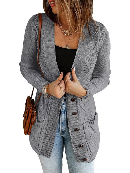 Cozy Dark Gray Knit Button-Up Cardigan with Front Pockets