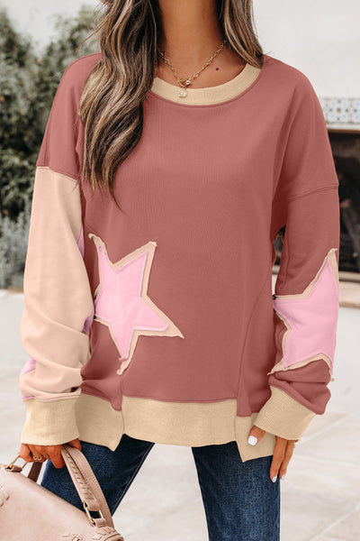 Women's Rose Pink Contrast Star Patchwork Pullover Sweatshirt