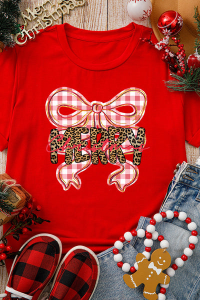 Women's Red Christmas Bow Graphic Tee with Leopard Detail