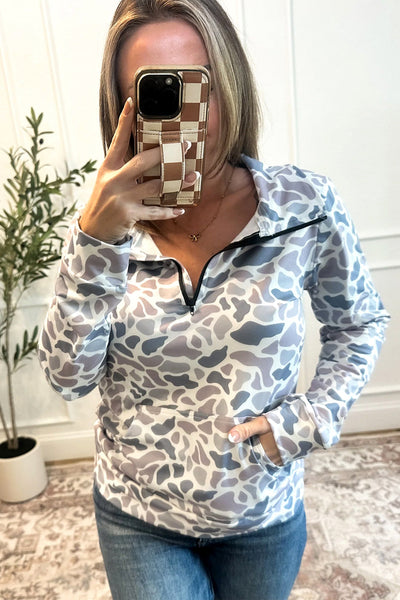 Women's Blue Abstract Camo Quarter-Zip Pullover