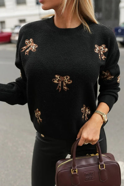Trendy Women's Black Leopard Print Sweater with Bow Embroidery - Cozy Drop Shoulder Design for Casual Chic Style