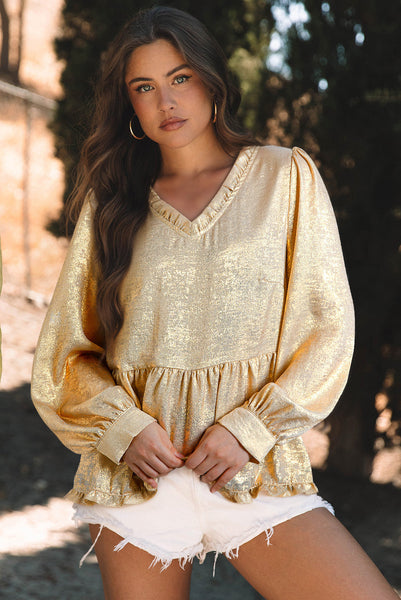 stylish women's gold metallic frilled v-neck puff sleeve babydoll blouse for day or night fashion looks with practical styling and dependable