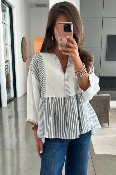Chic Women's Gray Stripe Babydoll Blouse with Bracelet Sleeves & Half Button Detail - Trendy Patchwork Design