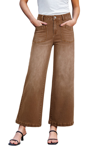 Stylish Brown Minimalist Women's Shift Jeans with Functional Patch Pockets for Effortless Comfort and Versatile Fashion