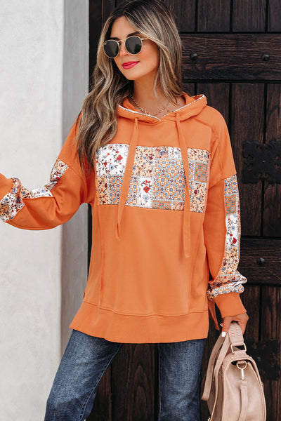 Women's Cozy Floral Patchwork Hoodie - Vibrant Casual Layering Top for Everyday Comfort and Style
