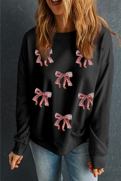 Women's Black Sequin Bow Sweatshirt with Drop Shoulder Detail