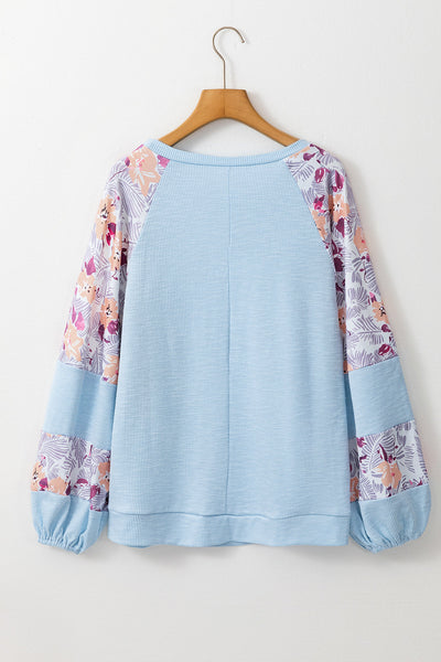 Women's Stylish Women's Beau Blue Floral Patchwork Balloon Sleeve Blouse - Chic Textured Top for Effortless Casual Looks