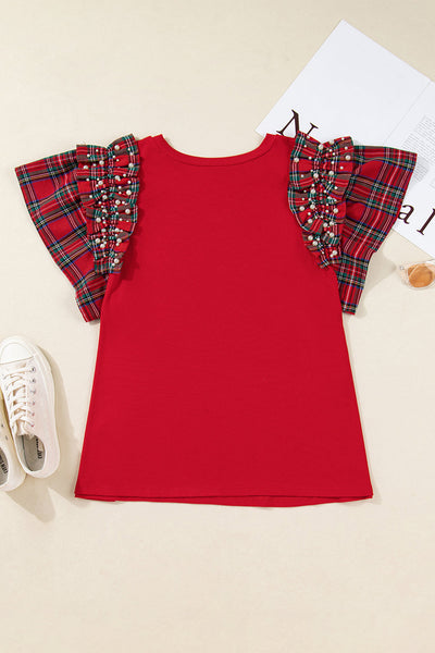 Women's Plus Size Racing Red Ruffle Sleeve Top with Plaid Accents made for easy styling and wardrobe coordination, with premium-like structure and