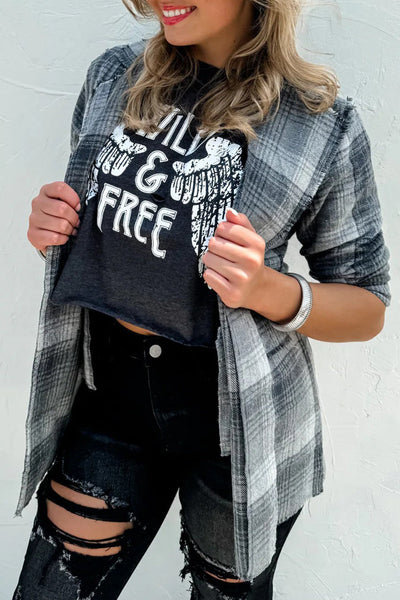 Chic Women's Gray Plaid Shacket with Raw Edges - Versatile Open Front Jacket for Effortless Casual Style