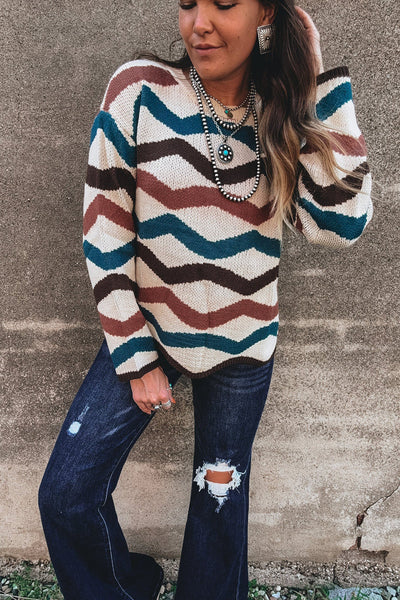 Trendy Women's Multicolor Retro Wave Knit Sweater Cozy Fitted Design for Casual Chic Style