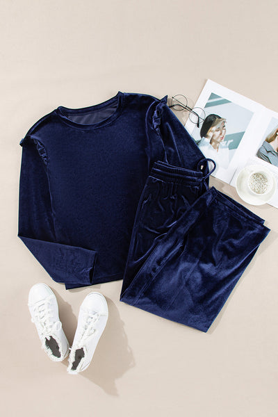 Chic Women's Navy Blue Velvet Ruffled Two-Piece Pants Set - Stylish Comfort for Casual and Dressy Events