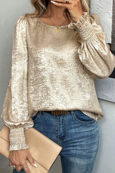 Elegant Women's Apricot Metallic Long Sleeve Blouse with Smocked Details - Chic Round Neck Top for Stylish Looks