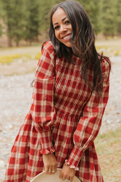 Trendy Women's Red Plaid Long Sleeve Mini Dress with Smocked Waist and Flared Skirt for Effortless Casual Style