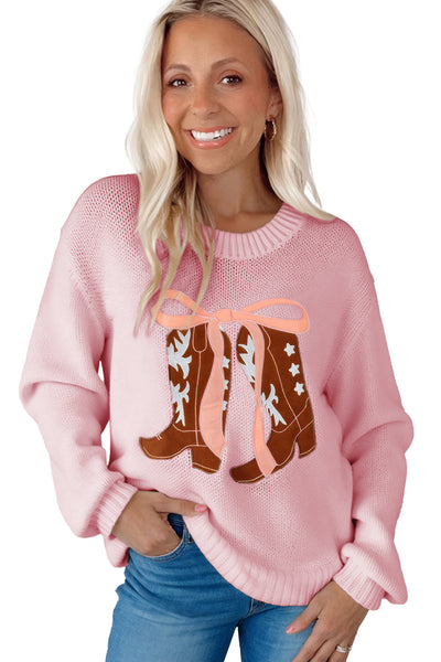 Stylish Women's Pink Graphic Drop Shoulder Sweater with Embroidered Bow Detail - Cozy Fashion Top for Every Occasion