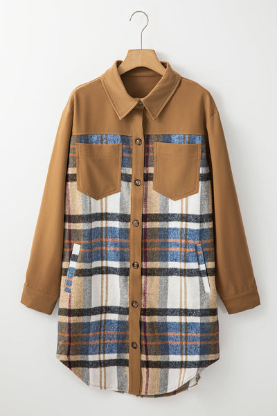 Chic Women's Khaki Plaid Long Sleeve Mini Dress - Casual Everyday Style with Trendy Patchwork Design