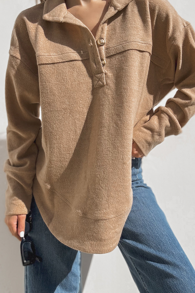Chic Women's Light Beige Long Sleeve Polo Top with Half Button Detail for Effortless Casual Elegance
