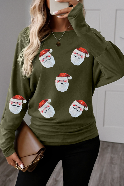 Women's Sequined Santa Graphic Long Sleeve Tee in Olive