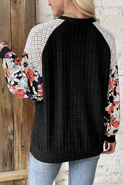 Elegant Women's Black Floral Patchwork Long Sleeve Blouse - Stylish Ribbed Top for Comfortable Everyday Wear