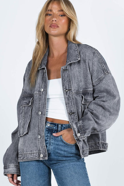 Casual Women's Gray Denim Jacket with Chest Pockets, Drop Shoulder Design, Relaxed Fit for Effortless Everyday Style