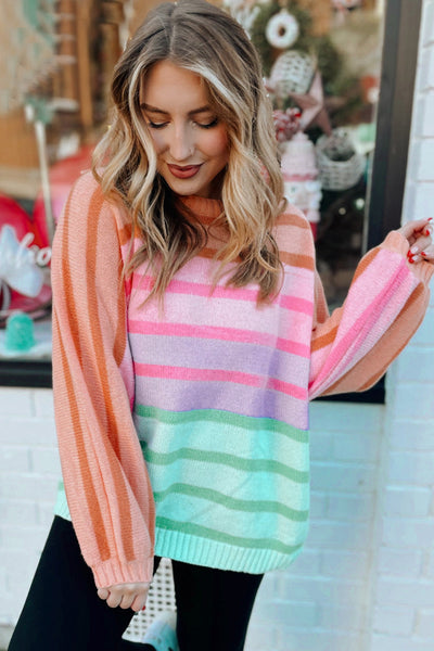Women's Cozy Multicolor Gradient Ribbed Sweater - Loose-Fit, Stylish Layering Essential for Casual Outings