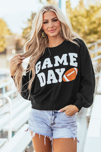 Women's Black Game Day Graphic Varsity Sweatshirt - Cozy Fit for Sports Fans, Perfect for Casual Outings and Tailgating