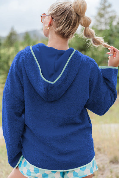 Cozy Women's Sky Blue Sherpa Half Zip Hoodie with Contrast Trim for Effortless Casual Chic