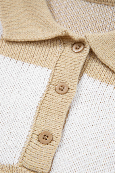 Women's Stylish Light Beige Checkered Polo Sweater - Loose Fit Knit for Effortless Casual Chic Comfort