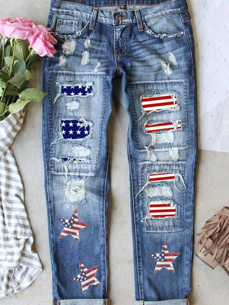 Starry Sky Distressed Sequin American Flag Jeans