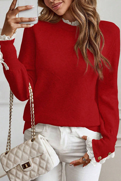 Cozy Women's Racing Red Loose Sweater with Lace Trim & Buttoned Cuffs - Chic Patchwork Knit for Effortless Style
