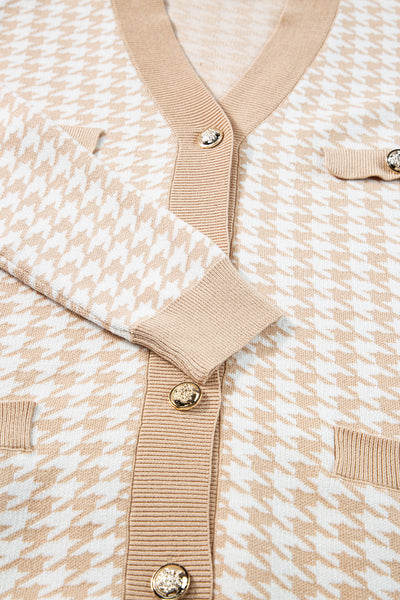 Chic Women's Slim Fit Khaki Cardigan with Contrast Edges, Metal Buttons, and Functional Pockets for Effortless Style