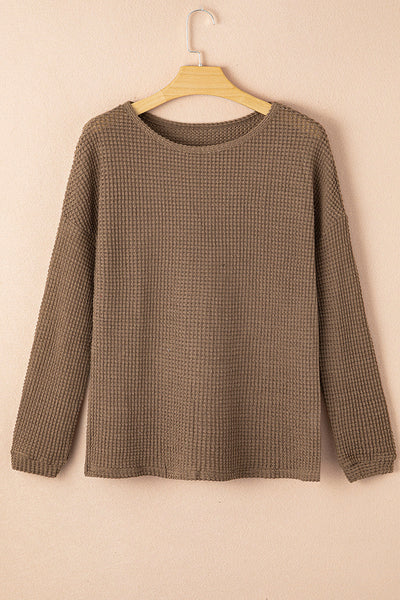 Women's Dark Brown Waffle Knit Long Sleeve Drop Shoulder Top - Cozy Casual Style for Effortless Everyday Chic