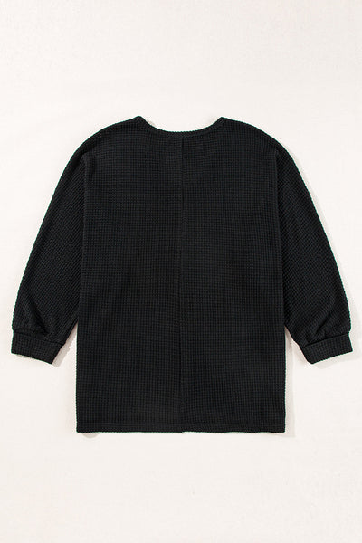 Women's Black Waffle Knit V-Neck Top with Side Slits - Relaxed Fit Casual Tee for Effortless Everyday Style