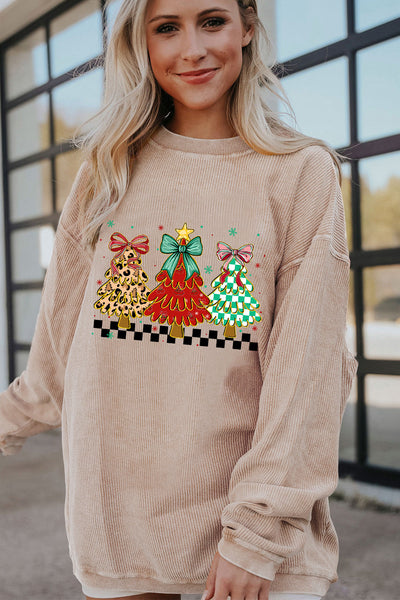Women's Corded Ribbed Apricot Christmas Tree Graphic Sweatshirt