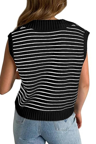 Chic Women's Black Striped V-Neck Sweater Tank Top - Stylish & Comfortable for Effortless Casual Looks