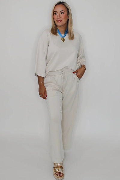 Women's Jet Stream Solid 3/4 Sleeve Loose Pullover & Drawstring Pants Set - Comfortable Casual Outfit in Versatile Color