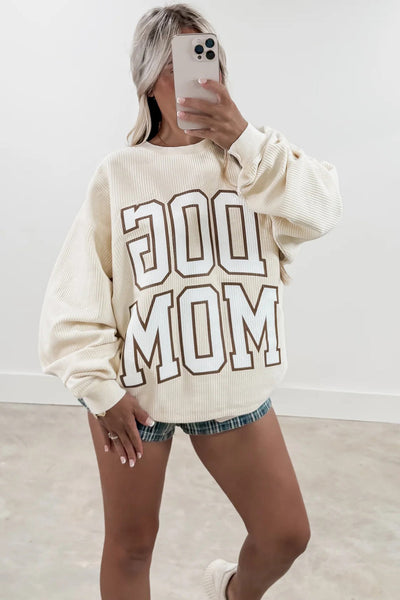 Beige Oversized Sweatshirt for Dog Moms - Cozy Casual with Ribbed Texture and Trendy Letter Print for Ultimate Comfort