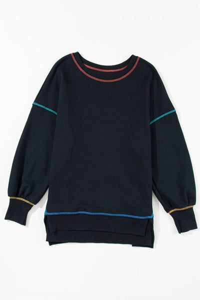 Cozy Women's Black Baggy Sweatshirt with Trendy Contrast Stitching and Chic Split Hem for Stylish Comfort