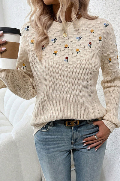 women's floral embroidered casual sweater - stylish knit top with mixed texture for comfort and everyday elegance with practical styling and
