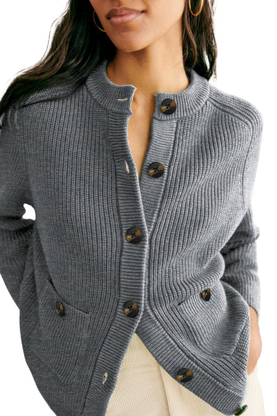 Women's Ribbed Viscose-Blend Crewneck Cardigan in Heather Grey