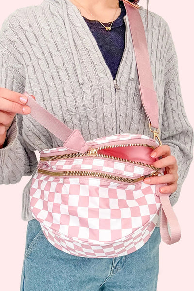 Women's Pink Checkered Waterproof Nylon Crossbody Sling Bag