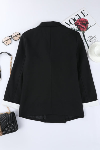 Elegant Lapel Open Front Blazer with Color Block Design