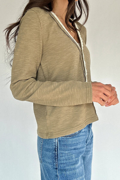 Sage Green Ribbed Knit Long Sleeve Pullover Top with Lace Trim and V-Neck for Women Stylish and Comfortable Fit