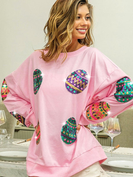 Sparkling Pink Easter Egg Drop Shoulder Oversized Sequin Sweatshirt
