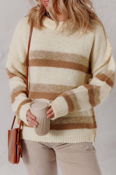 Women's Casual Khaki Stripe Knit Sweater with Exposed Seams, Drop Shoulder, and Relaxed Fit for Effortless Style