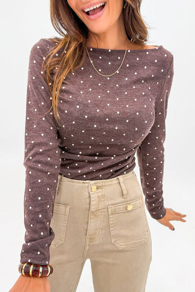 Women's Dark Brown Polka Dot Long Sleeve Boat Neck Knit Top