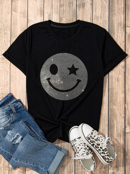 Sparkling Black Rhinestone Smile Face Sequin Graphic Tee
