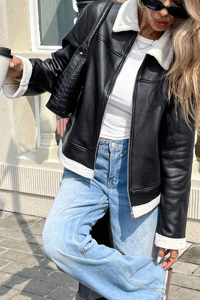 Chic Women's Black Faux Fur Trim Leather Jacket - Stylish, Warm Outerwear for Trendy Winter Fashion
