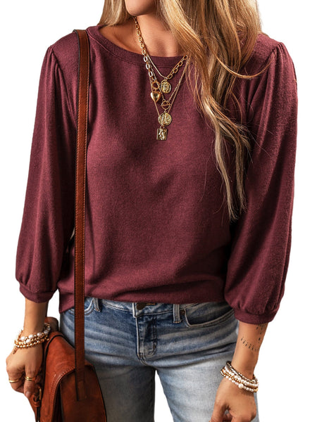 Crimson Dahlia Elegant 3/4 Sleeve Crew Neck Blouse